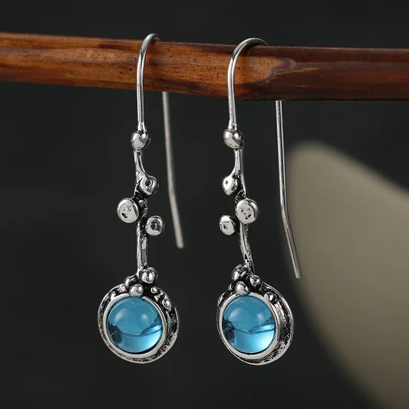 Vintage Silver Plated Pendant Earrings Inlay Blue Cubic Zircon Simple Women's Earrings Daily Fashion Casual Jewelry