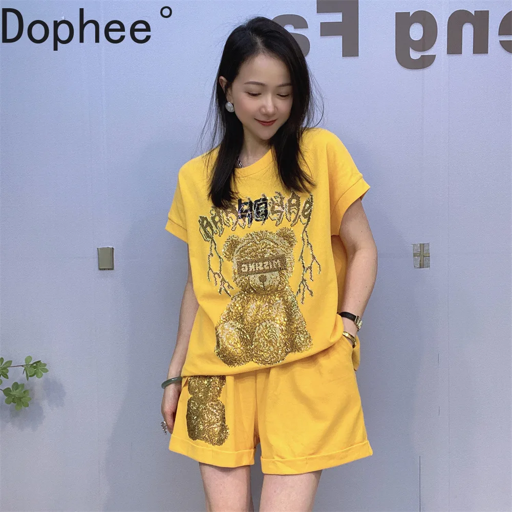 

Yellow Casual Women Sports Set Summer Cute Bear Hot Drilling Loose Short Sleeve T-shirt Top + Elastic Waist Wide Leg Hot Shorts