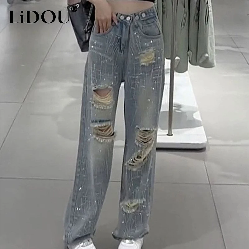 Spring Summer Elastic Waist Streetwear Diamons Holes Wide Leg Jeans Female Loose Casual Harajuku Y2K All-match Denim Pants Women