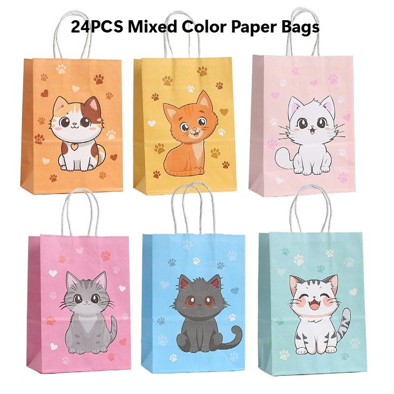24 pçs festival feriado festa favor presentes de papel sacos impresso gato dos desenhos animados, shopping pet lanche embalagem sacolas