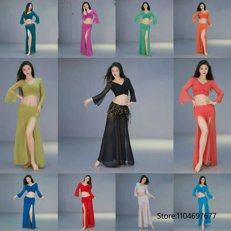New Adult Maxi Belly Dance for Women Costume Set Mesh Top Long Slit Skirt Practice Sexy Modern Dance Stage Performance Dancewear