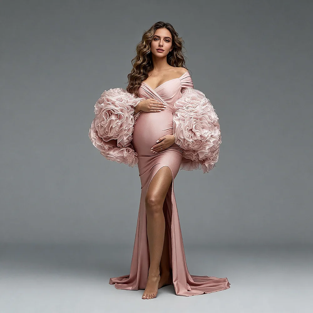 

Maternity Photoshoot Dresses Off-the-Shoulder 3D Floral Ruffle Sleeves Dress for Pregnant Women Maternity Clothes YW64303D