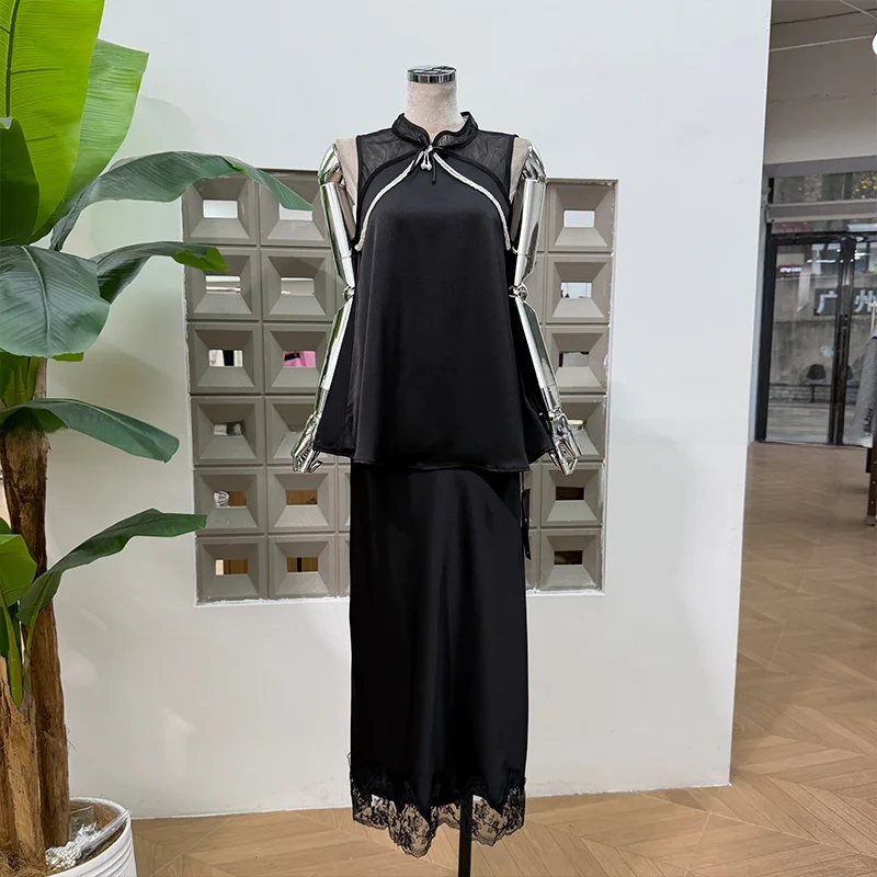 

Retro Summer Casual Loose Svel Overhead irt Straight Lace Trim Long f Skirt White Enhancing Faion Set Women's Cl...