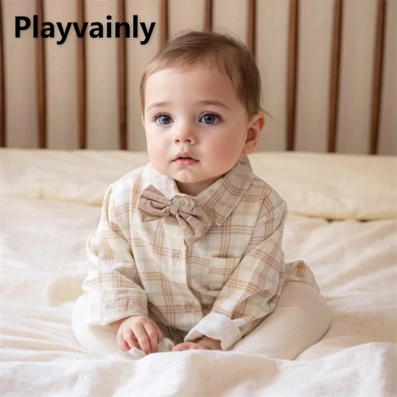 

Новинка 2023 года, весенне-осенний клетчатый детский боди с длинными рукавами и отложным воротником, однобортный комбинезон, модная одежда для младенцев A6933