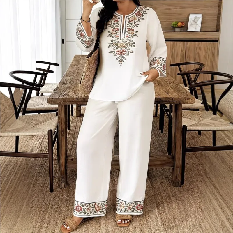 Women's Fashion National Style Printed Long-sleeved O Neck Shirt + Trousers Suit Autum Loose Simple  Female Trousers 2-piece Set