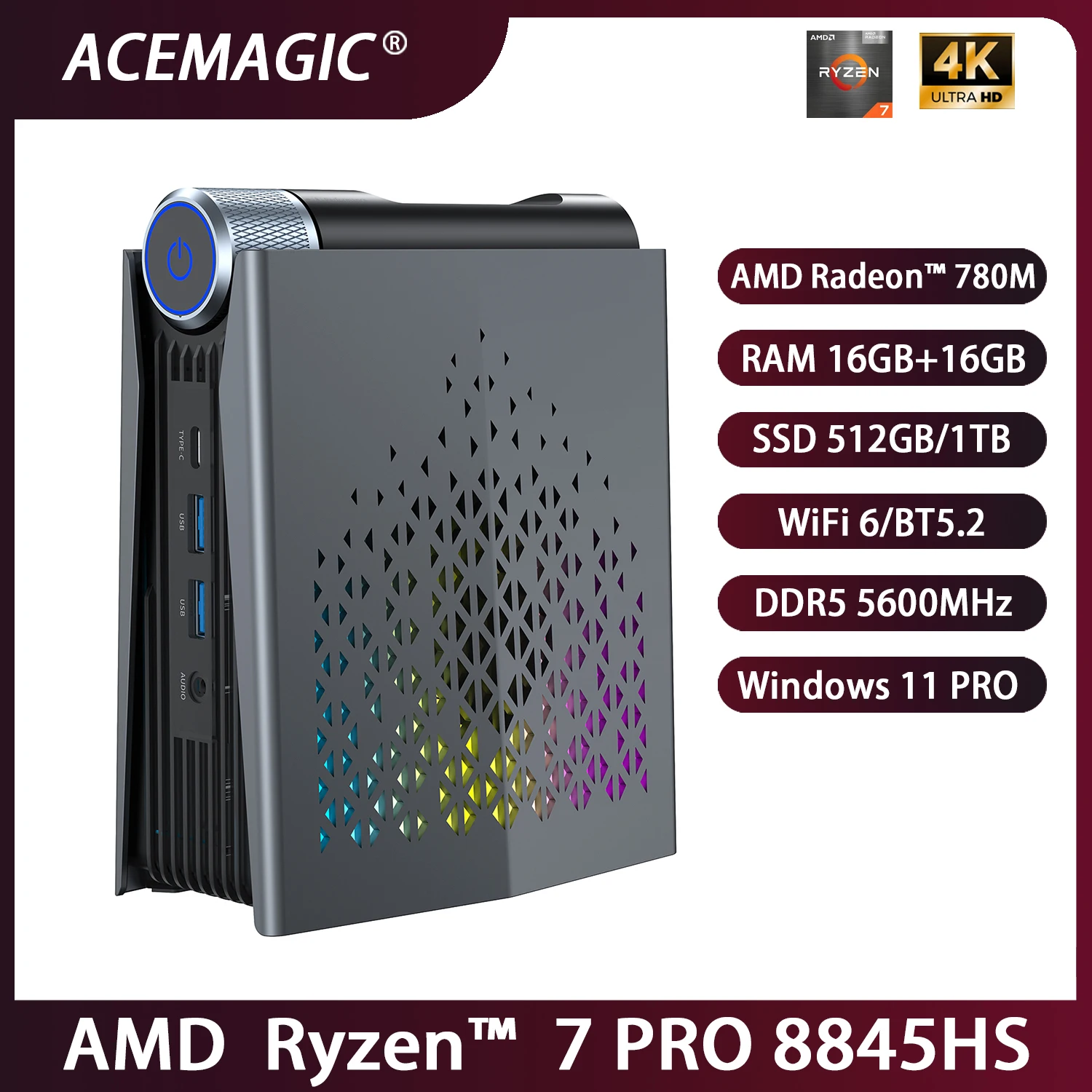 ACEMAGIC S3A كمبيوتر صغير للألعاب AMD Ryzen R7-8845HS NUCBOX Window 11 Pro AMD Radeon ™   780M 16/32GB 512GB/1 تيرابايت DDR5 5600MHz WiFi6 BT5.2