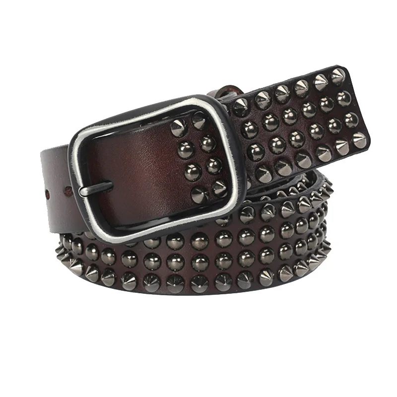 men\'s luxury fashion punk gothic rivets belt cow leather studded belts for women cowboy pin buckle strap on brand designer waist