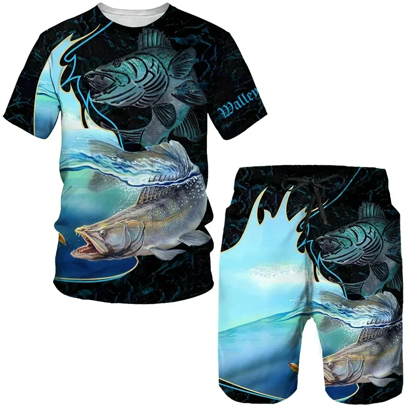 2025 Summer New Suit Round Neck T-shirt Fashion Loose Sports Shirt Outdoor Fishing 2-piece Set Men's Retro 3D Printing