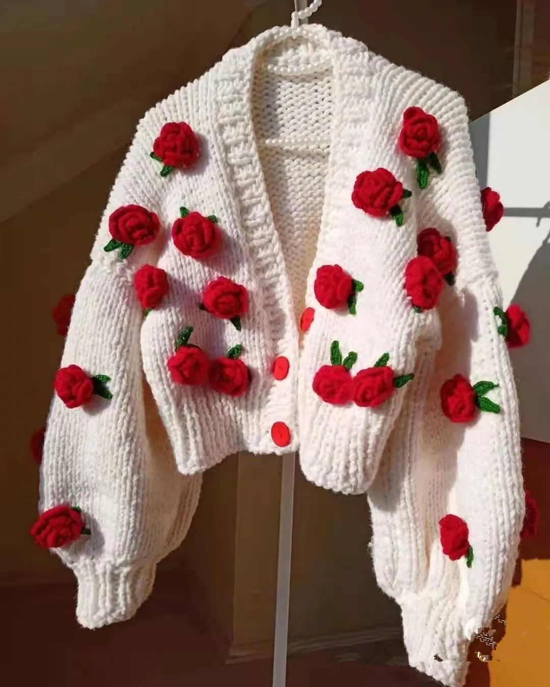 2022 Fall Winter Sweater Thick Knitted Cardigan Jacket Women Sweet Rose Flower Contrast Color Knitwear Coat New Year Sweater Top