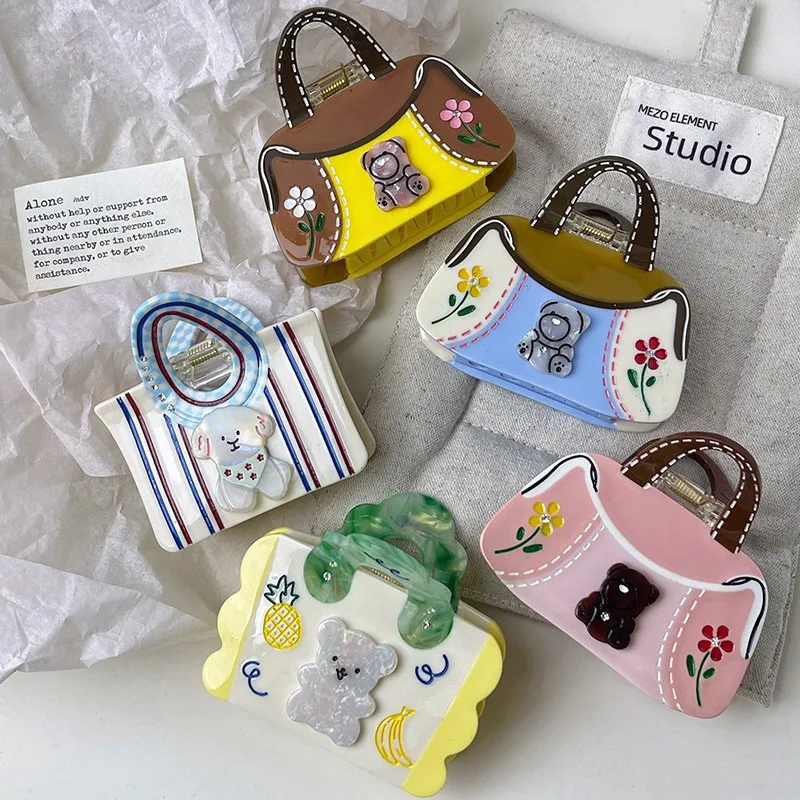 

2025 New Cartoon Cute Spliced Teddy Bear Bag Clip Hair Accessory for Women Creative Handbag Acetate Hair Clip Shark Clip