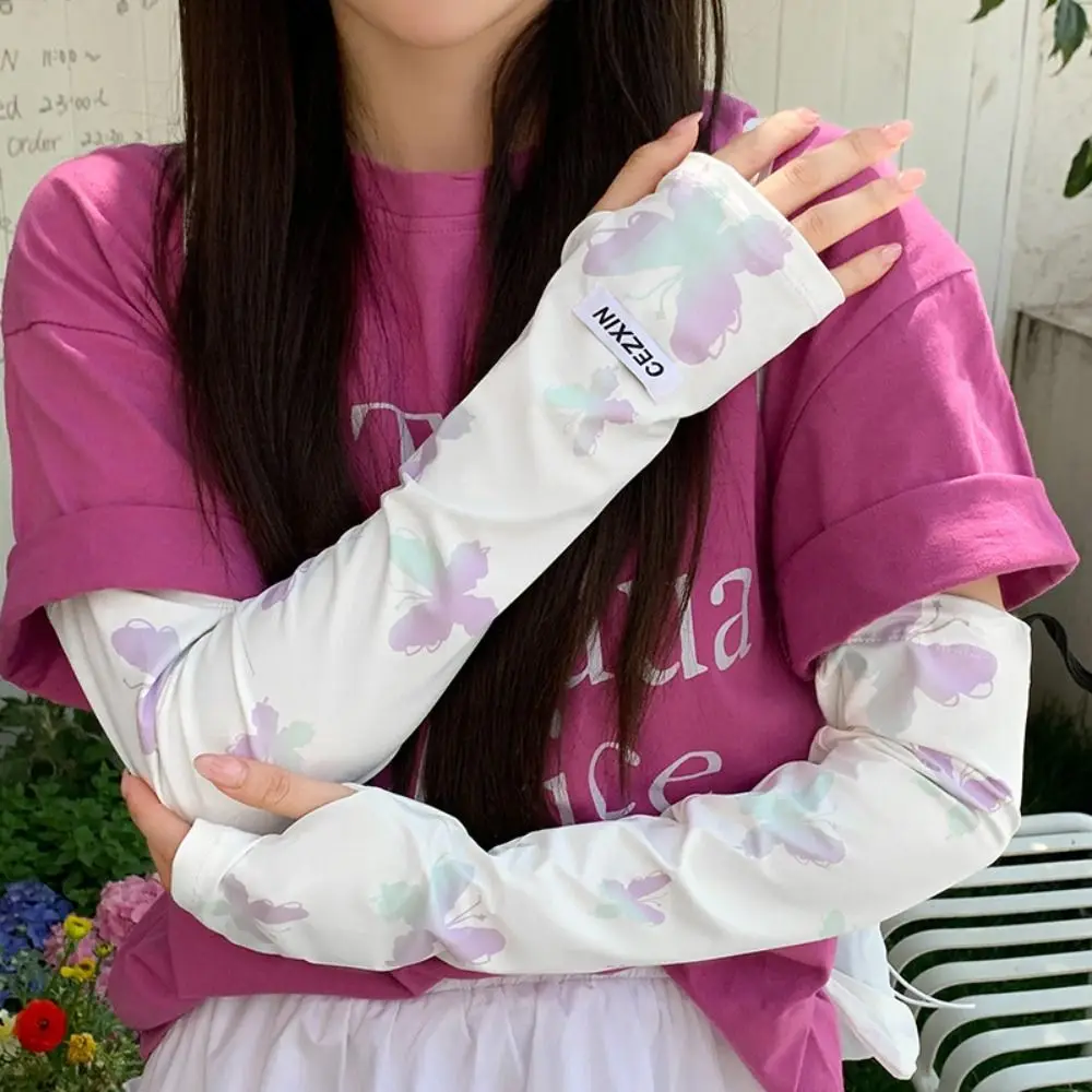 Sweet Butterfly Ice Silk Sleeves Gradient Solid Color Sunscreen Arm Sleeve Arm Cover Sun Protection Summer Long Glove Girl