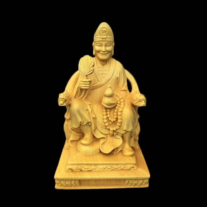 

Boxwood 10cm Ji Gong Sculpture Crazy Monk Wood Carving Sitting Buddha Status Feng Shui Home Decor
