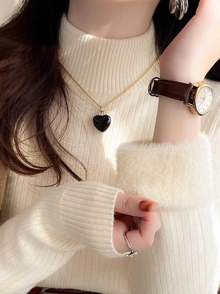 

New Autumn and Winter Women's Integrated Fleece Sweater Elegant Semi-turtleneck Slim-fit Long-sleeved Bottoming Shirt Knitwear