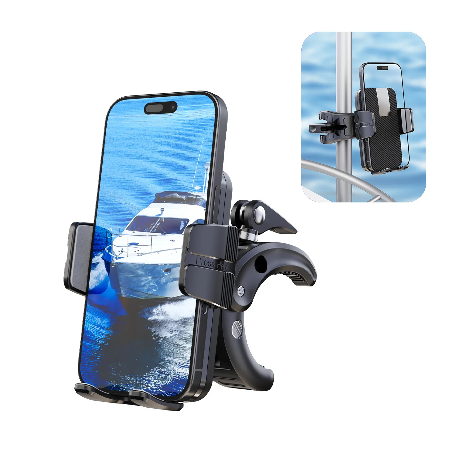Universal Phone Holder Clamp for Boat Yacht Jet Ski Desk Pole, Quick Install & Detach, for Selfie Video, Portable for All Phones