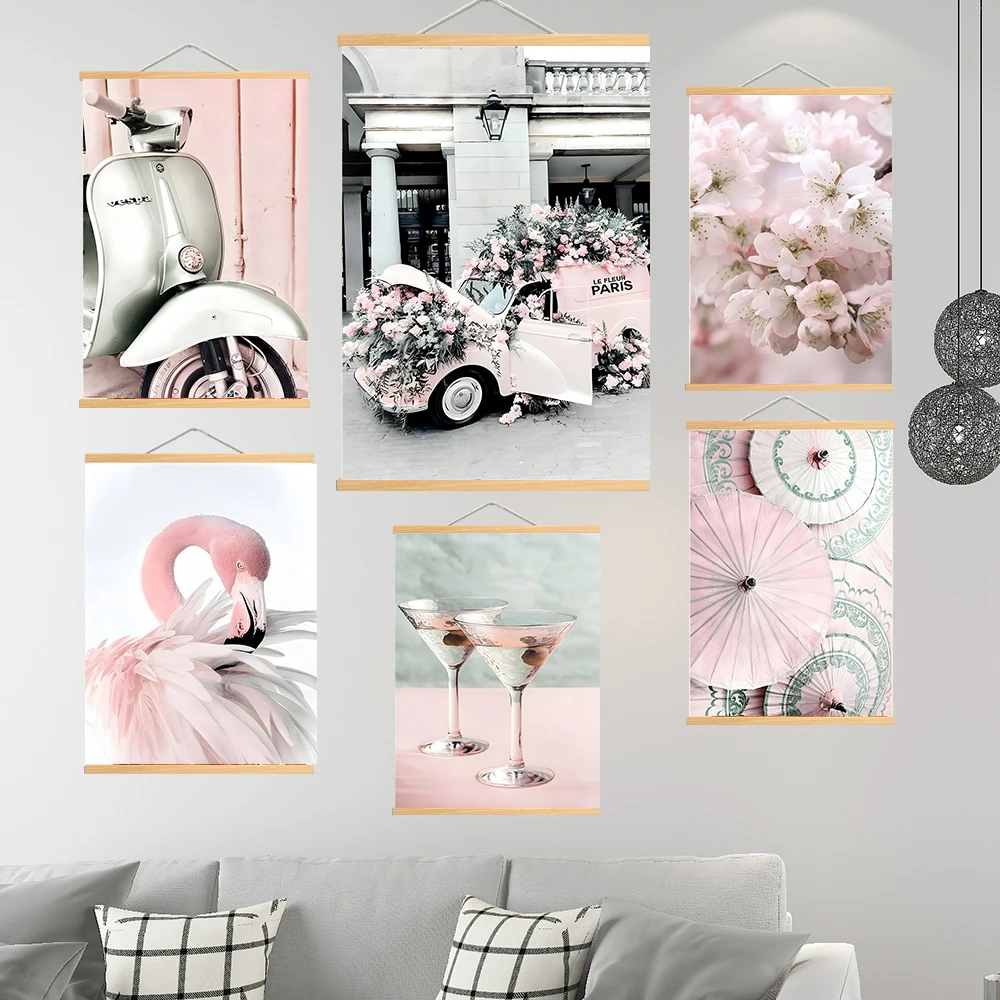 Pink Japan Spring Sakura Scape Flamingo Floats Wall Art Scroll Paintings Wood Haning Flower Posters Prints For Living Room Decor