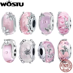 WOSTU 925 Sterling Silver Transparent Pink Glass Butterfly Charm Insect Flower Murano Beads Bracelet & Bangle Jewelry Gift