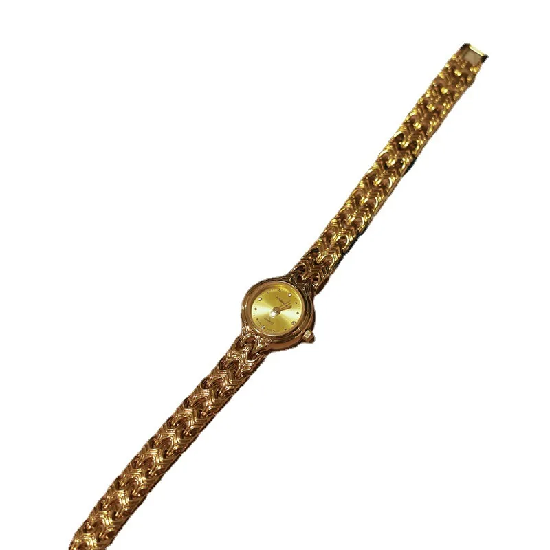 Reloj de cuarzo de esfera redonda Vintage, pulsera de vestir de lujo, reloj de pulsera de latón dorado, regalo para mujer