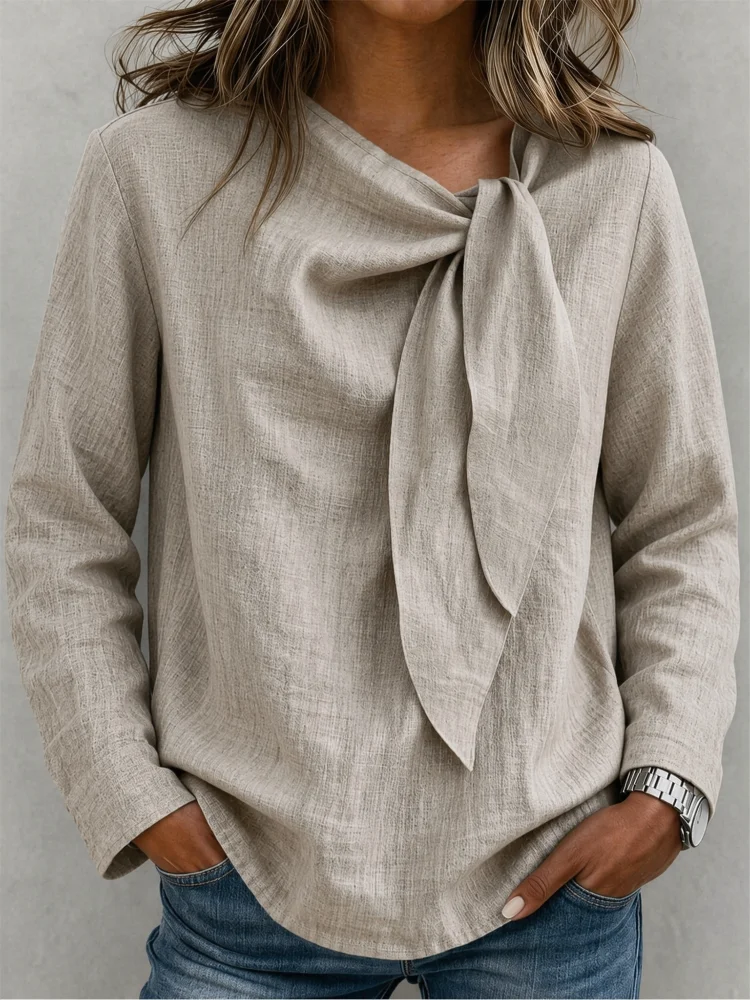 Women's Linen Blended Shirt, Loose Oversized Style, Breathable and Wrinkle-Resistant, Solid Color Khaki, Tie at the Neckline, V-Neck Long Sleeves, Ruffled Design. This Is a Linen Shirt Suitable for Daily Casual Wear and Office Casual Wear in Spring
