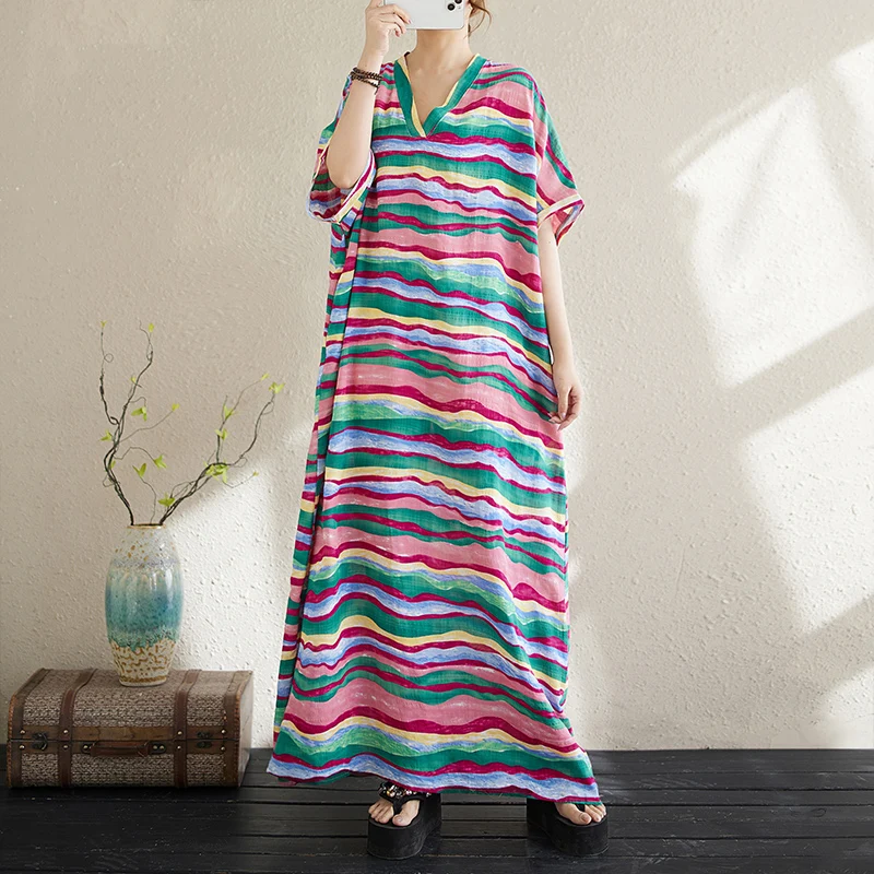 

Summer V-Neck Loose Cotton Linen Skirt Long Beach Dress Artistic Women's Robe Thin Material Holiday Style City Walk Suitable