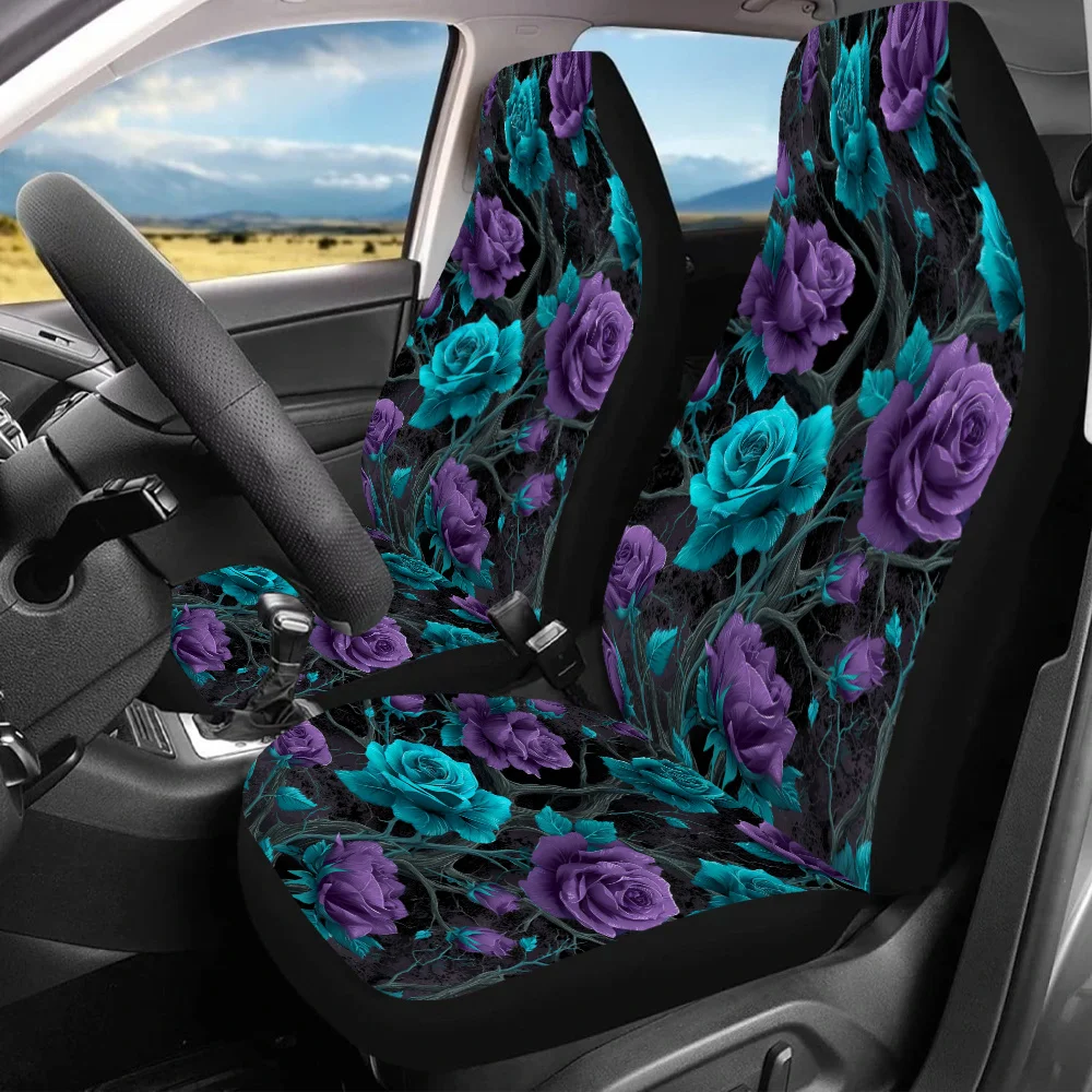 2pcs Vivid Floral Elegance Car Seat Covers - Fit For Cars, SUVs & Sedans, Durable Canvas With Vibrant Purple Roses Design, Front