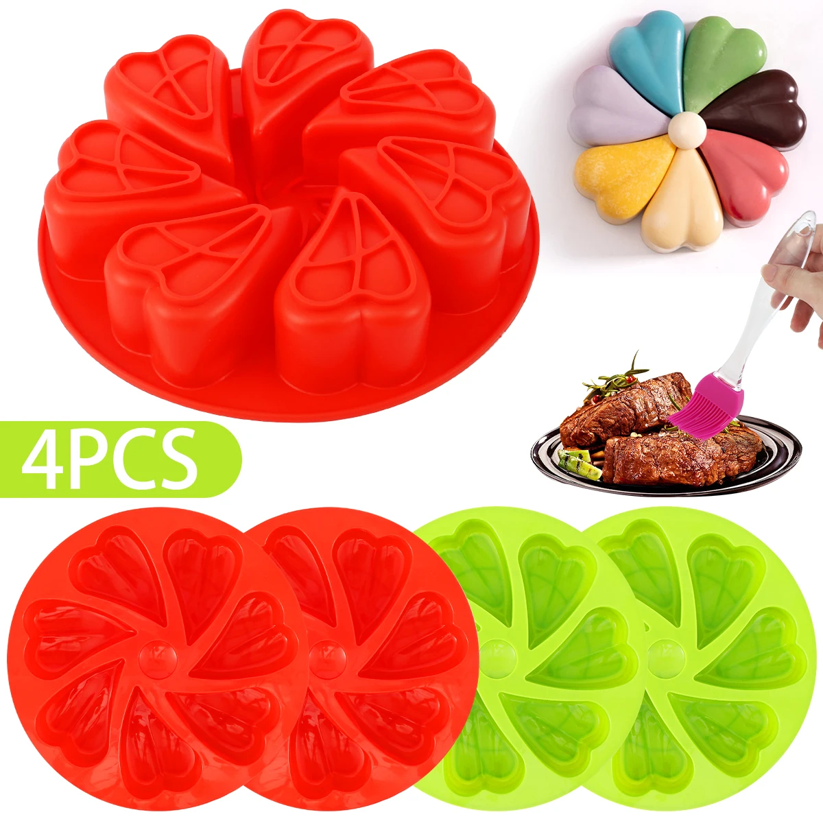 

4Pcs Silicone Cake Moulds 7-Cavity Heart Shaped Cake Mold Non-Stick Silicone Muffins Mould Heat Resistant Baking Tray Reusable