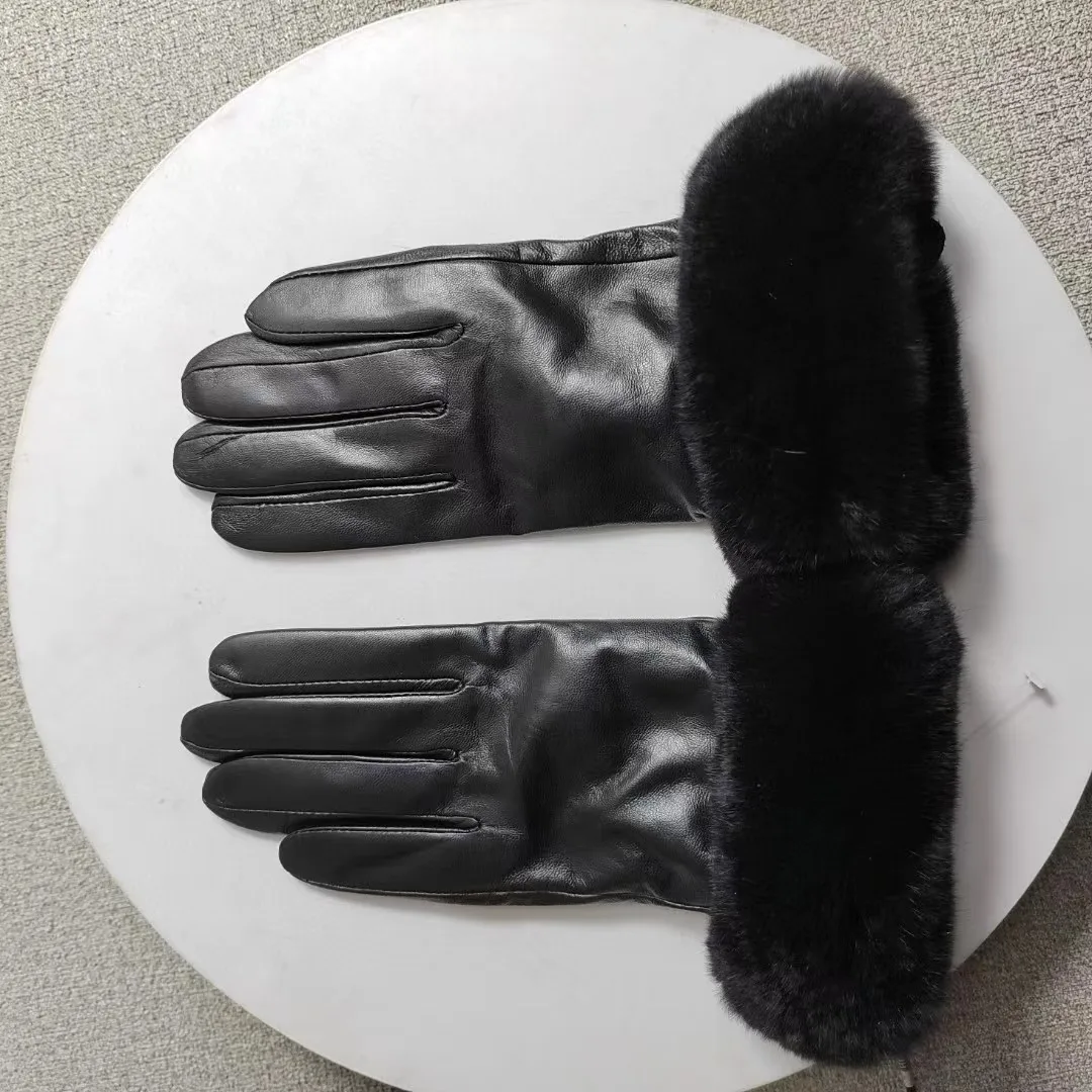 Genuine Leather Gloves Winter Thermal Women\'s Fingerless Sheepskin Gloves With Real Rex Rabbit Fur Trim Mittens Driving Gloves