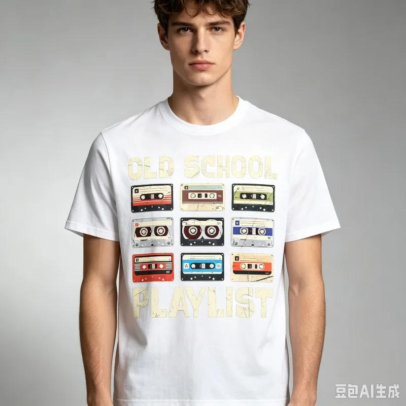 Old School Playlist Cassette Tape Print 100% Cotton Graphic Tee Men’s Casual Crew Neck T-Shirt for Retro Music Lover Streetwear