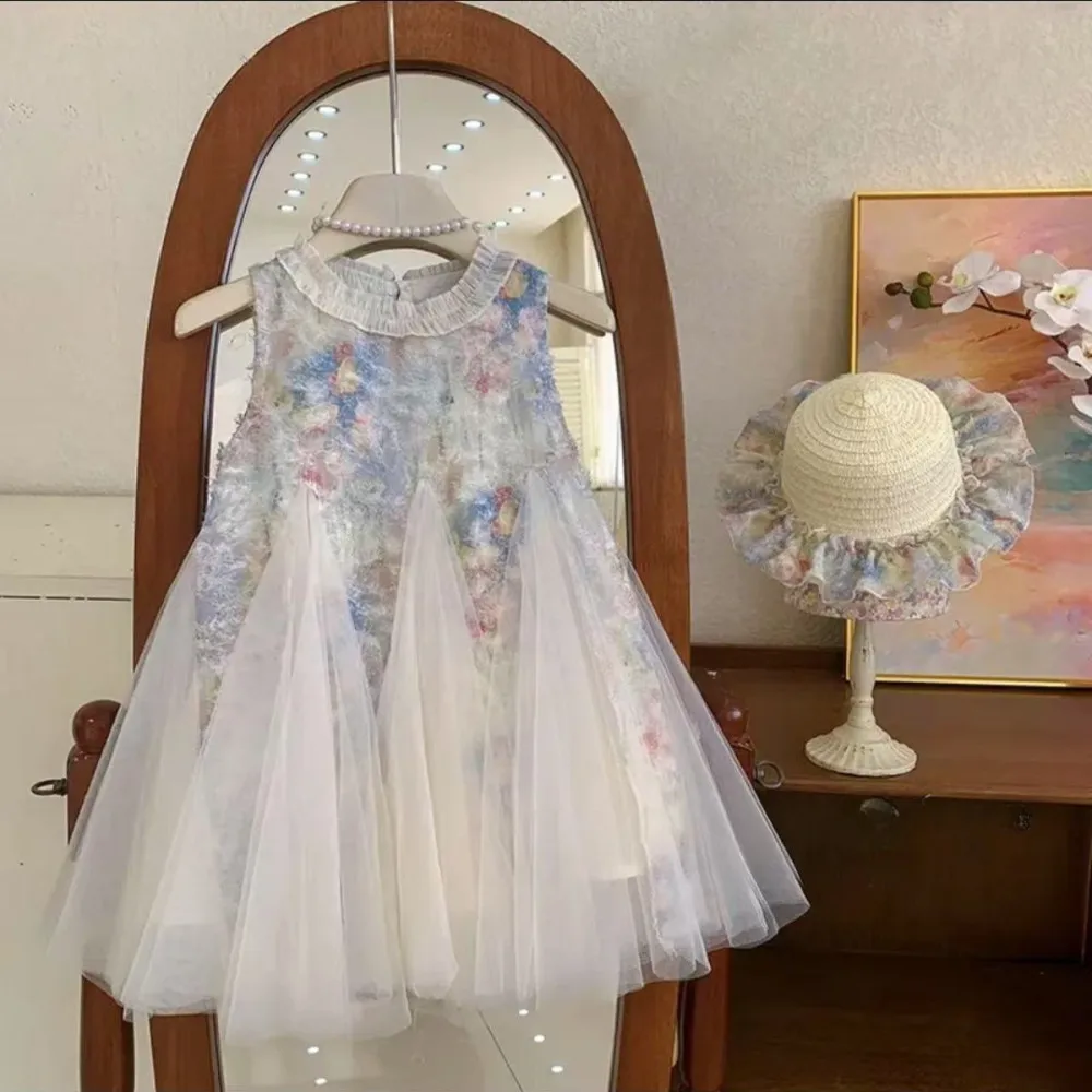 Summer New Princess Girls Dresses Fashion Color Blocked Sleeveless Mesh Girls Party Dress Wedding Birthday Children's Clothing