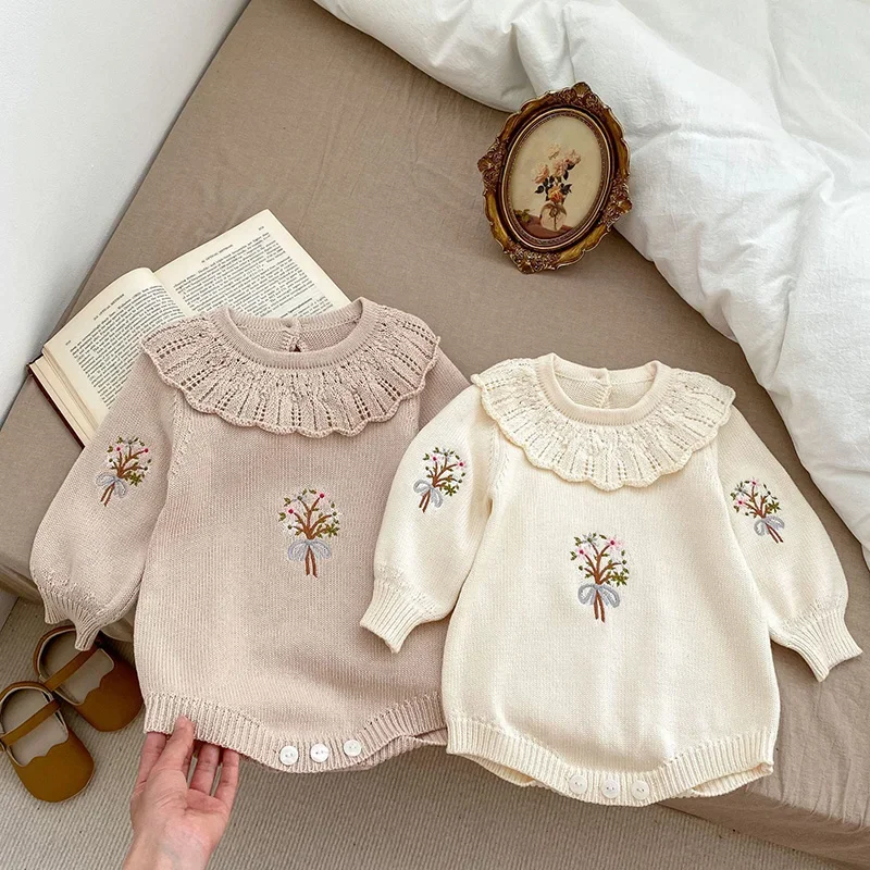 

0-3Y Autumn Embroidery Flower Ruffle Collar Toddler Baby Girl Bodysuits Botique Knit Sweater One Piece Jumpsuits