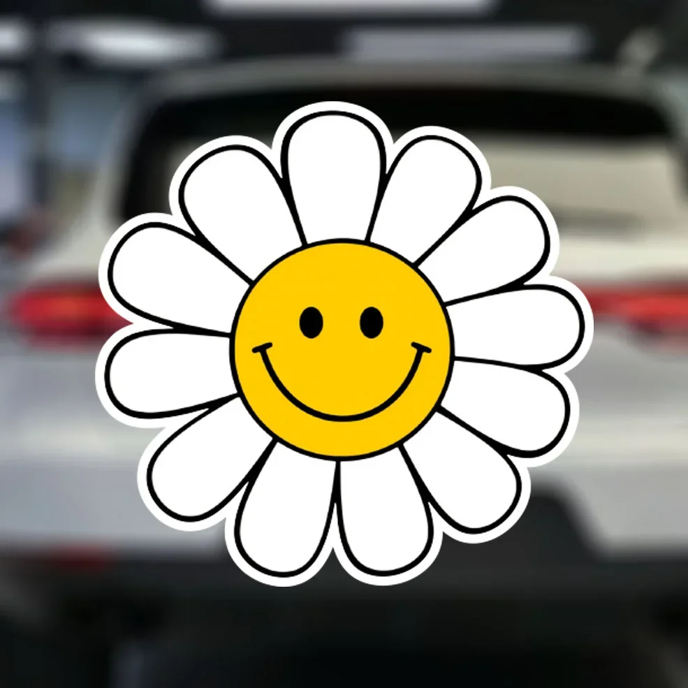 1 x niedlicher Lächeln-Gänseblümchen-Aufkleber (weiße Blütenblätter/gelbe Mitte), wasserfester Vinyl-Aufkleber für Auto-Laptop-Telefondekoration