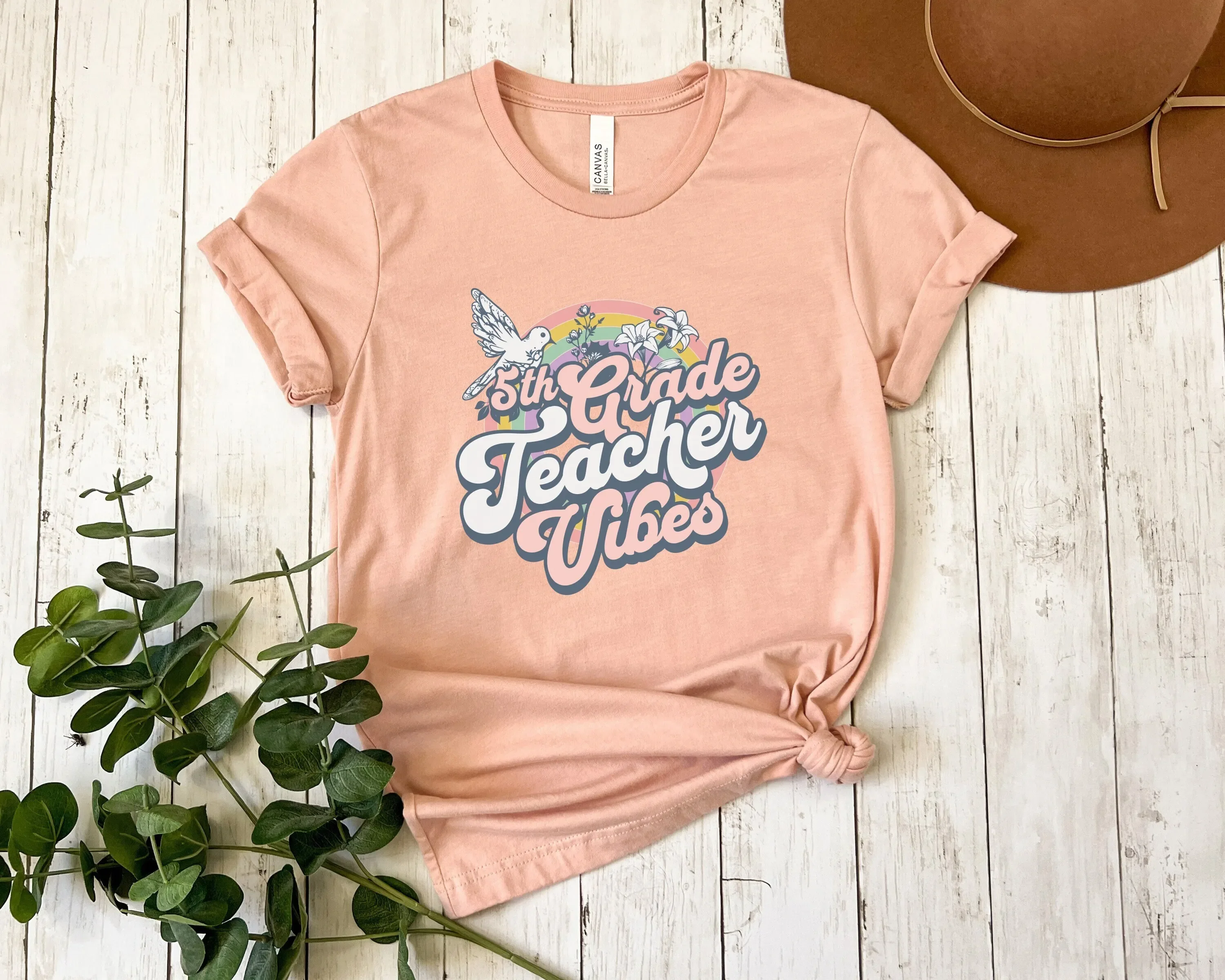 5Th Grade Teacher T Shirt Vibes Rainbow Retro Top Fifth Classroom Groovy Elementary School Teach