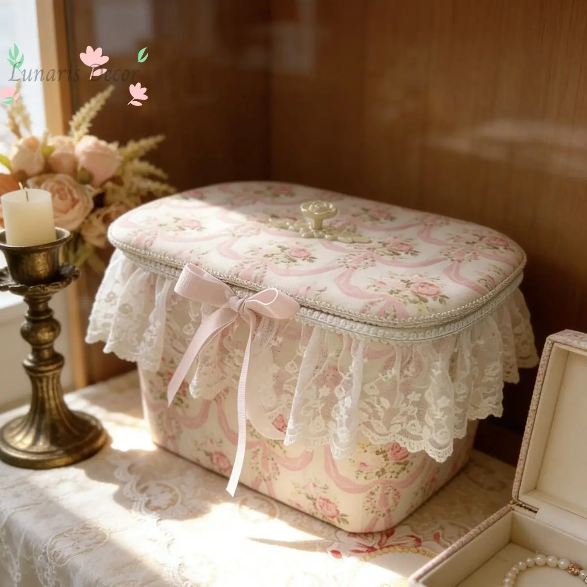 New European-style pink fabric lace with lid, French cosmetic storage box, desktop jewelry