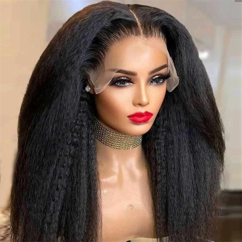 Lembut 26 inci menutupi hitam panjang Yaki Kinky lurus renda depan Wig untuk wanita dengan bayi rambut sintetis tanpa lem harian