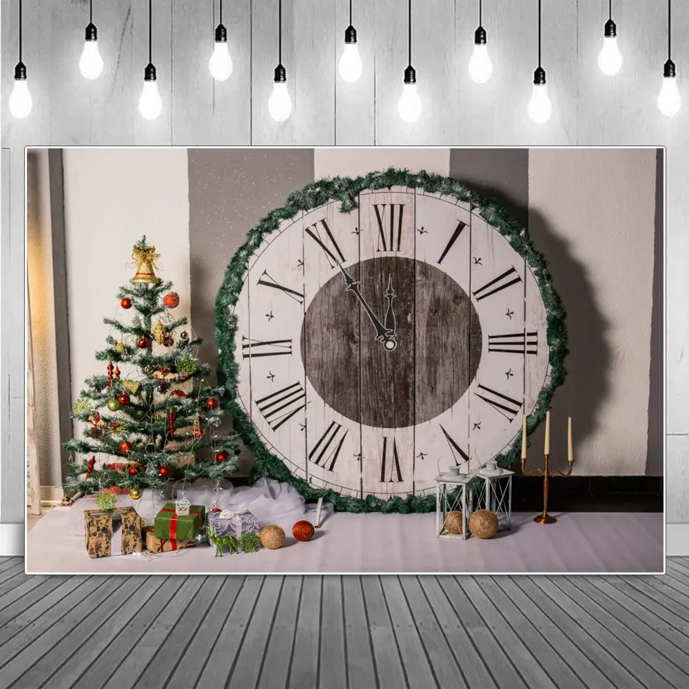 MOON.QG Christmas Eve Watch Clock Wood Backdrop Pine Tree Reindeer Wooden Board Photo Studio Background Party Photography Props