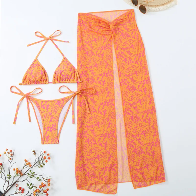 2024 New 3 Pieces Set Swimsuit Women String Swimwear Sexy Bikini Set With Sarong Skirt Beachwear Bathing Suit Orange Cover Ups