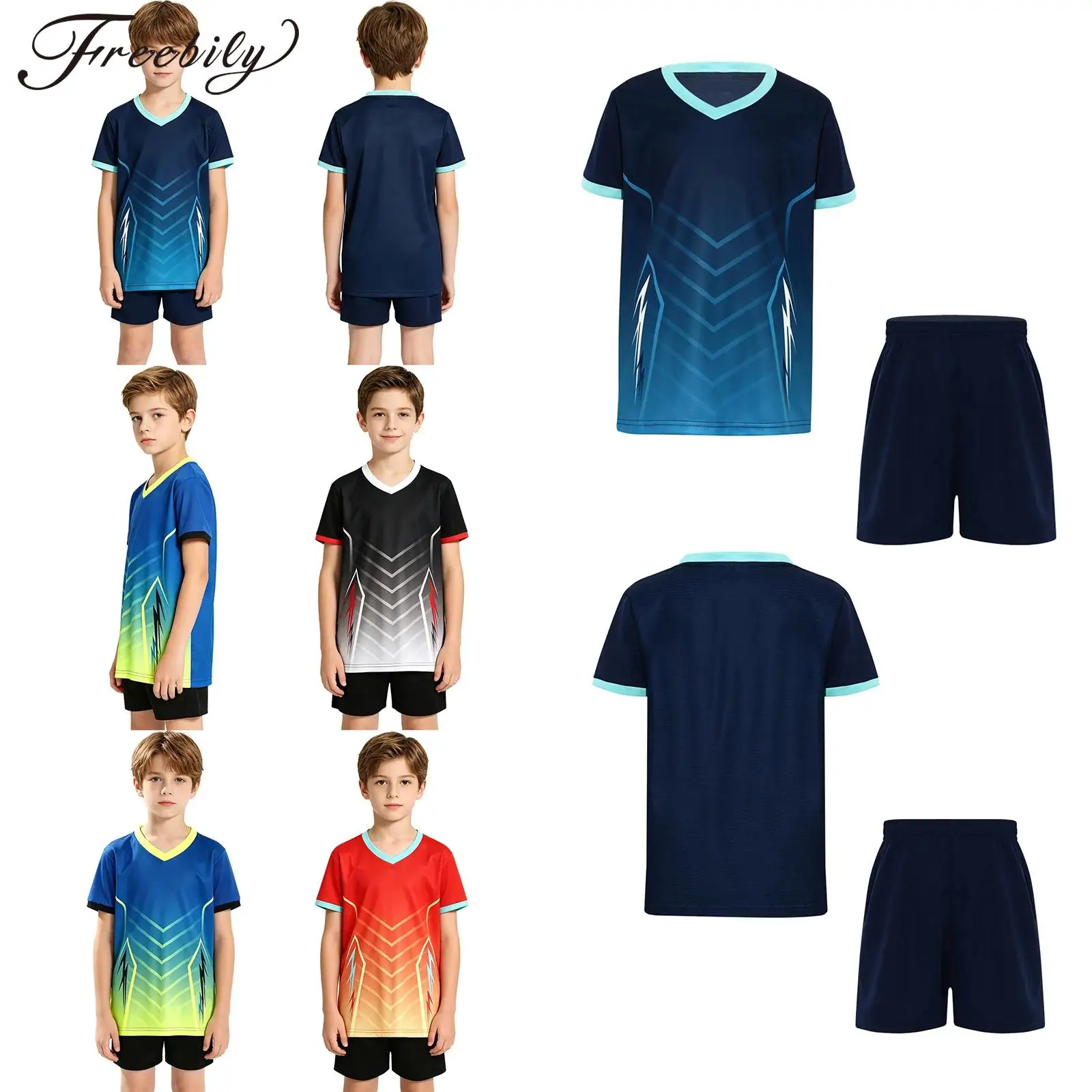 Kids Boys Girls Quick-dry Soccer Uniform Kit Short Sleeve V-neck Printed Contrast Color Jersey with Drawstring Shorts Set
