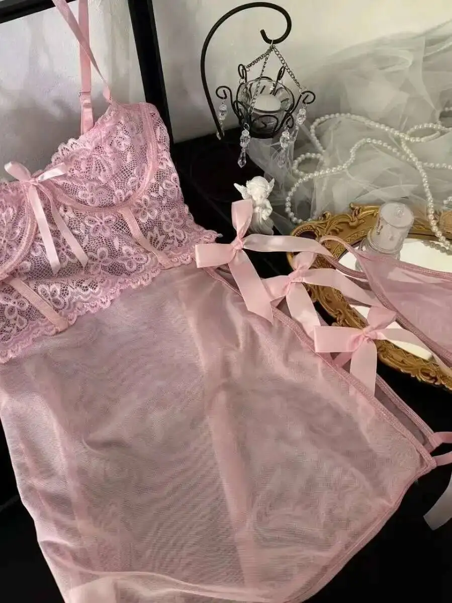 Coppia sexy pigiama di grandi dimensioni puro desiderio vestito aderente elegante uniforme rosa serbatoio mini abito maglia pizzo velato donna top T5TH