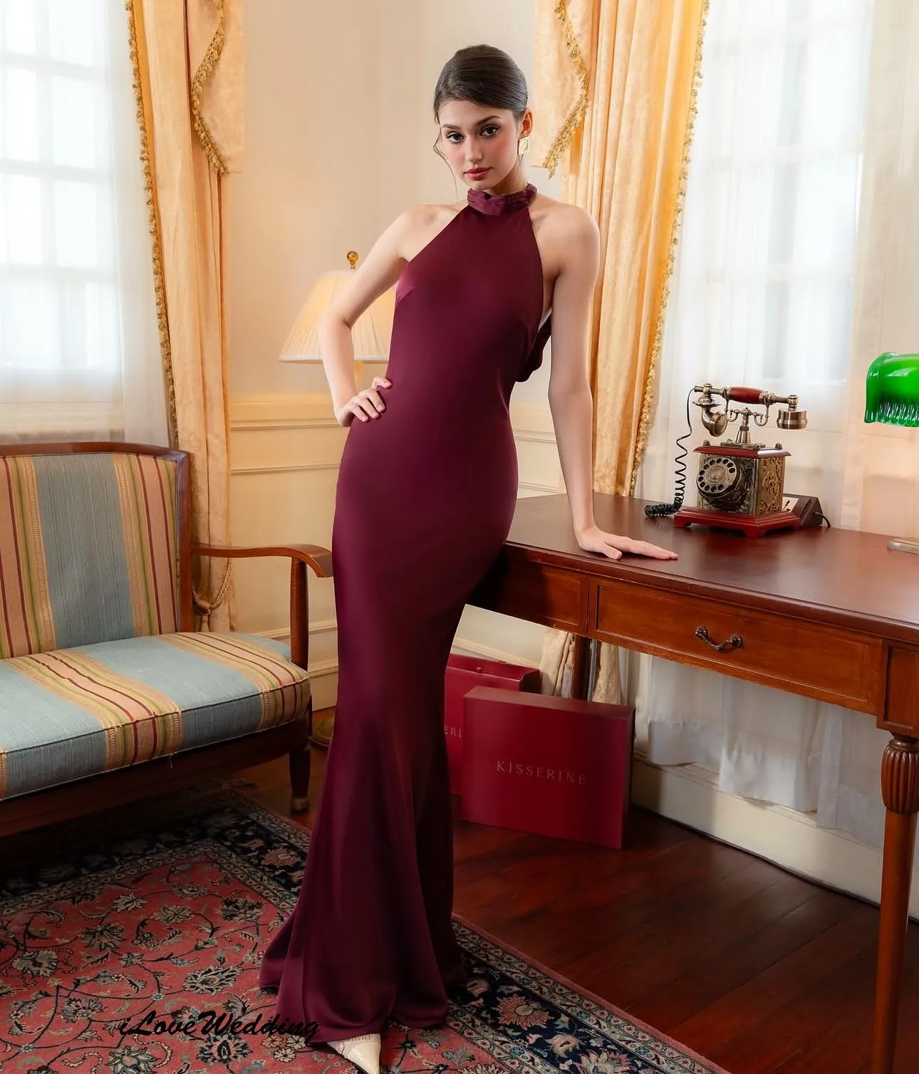 

Burgundy Halter Mermaid Prom Dresses 2025 Satin Elegant Woman Party Dress Sleeveless Evening Dress Floor Length Gala Customzied