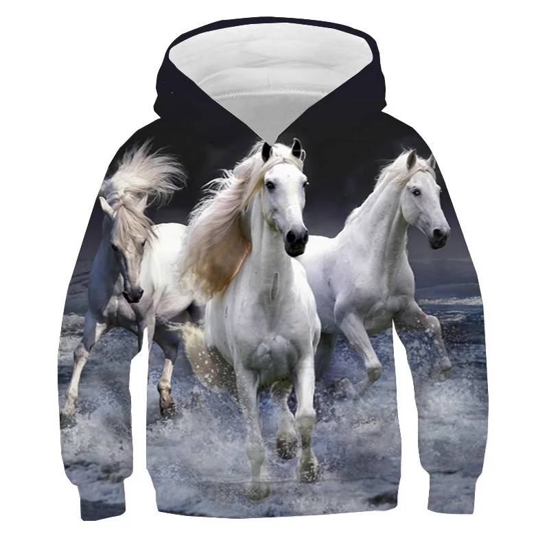 Running Horse Print Hoodies Sweatshirts Autumn Fleece Pullover Boys Girls Tracksuit y2k Sudadera White Horse Hoodie Kids Clothes