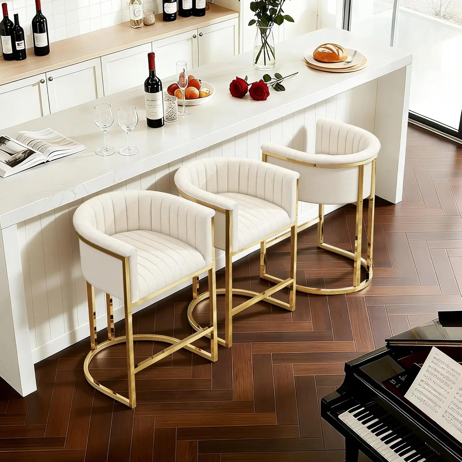 

26in Upholstered Counter Height Bar Stool Set w/ Back Arm & Champagne Gold Base Kitchen Island Chair Customized