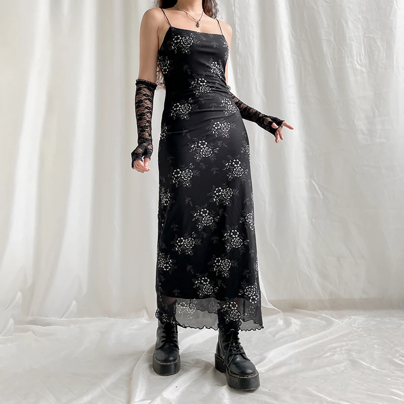 Seksowne eleganckie sukienki maxi z koronkową siateczką dla kobiet Y2K Goth Vintage Bodycon Long Slip Dress Grunge Fairycore Party Dress