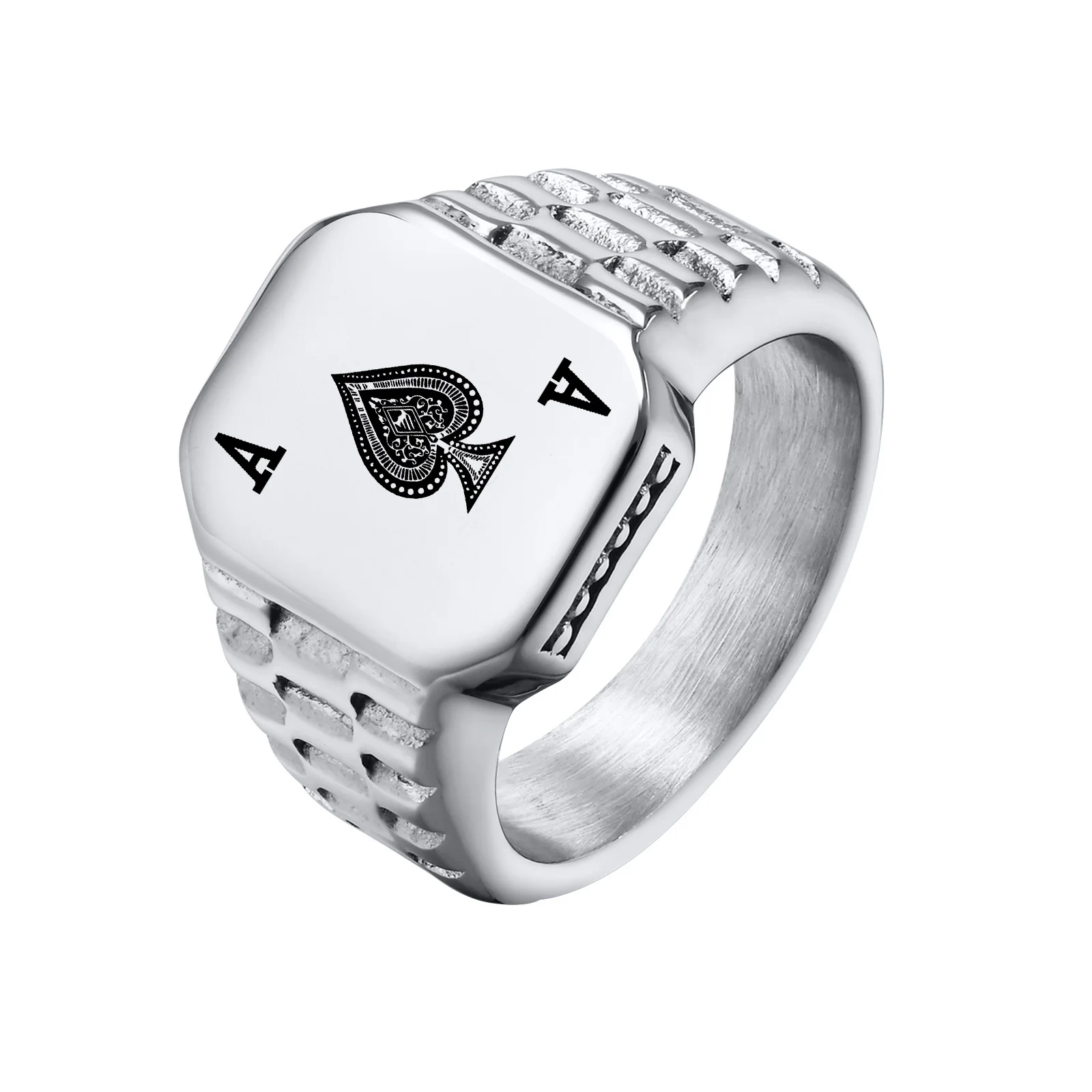 Mprainbow Mens Poker Spade Ace Rings Lucky Gift Jewelry, Waterproof Stainless Steel Simple Square Shaped Signet Statement Ring