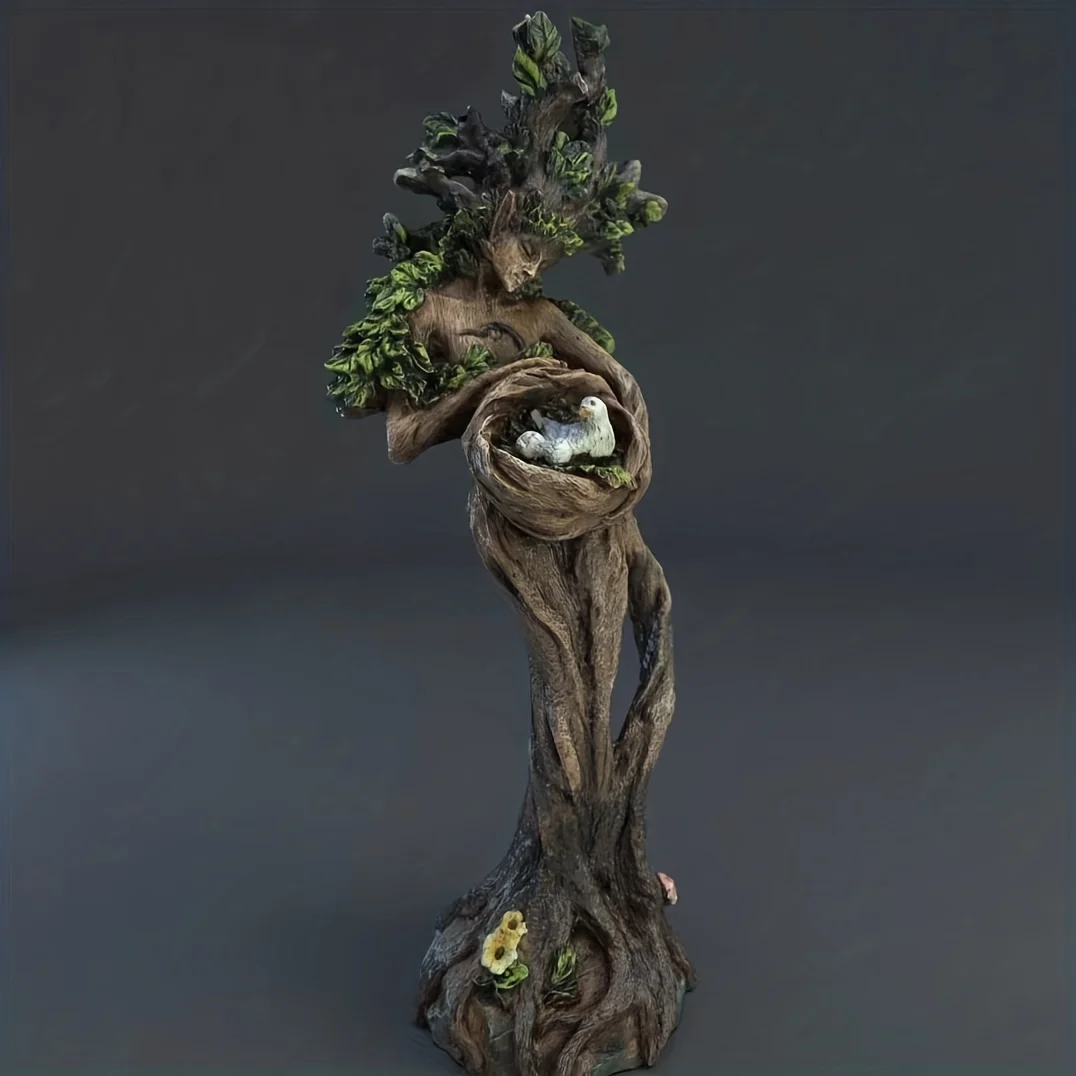 1-teilige Fantasy-Statue mit natürlicher Waldgöttin, die ein Vogelnest und kleine Vögel umarmt, natürliche Wächter-Dekoration, geeignet für den Innen- und Außenbereich