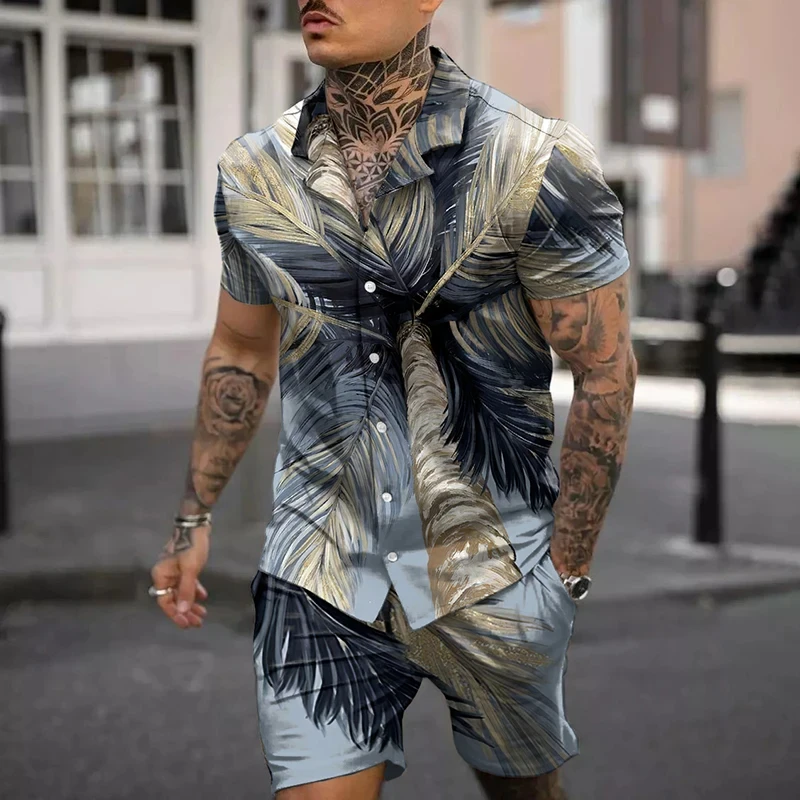 

Fashion Men Sets Print Lapel 3D Print Short Sleeve Casual Hawaiian Shirt Beach Shorts 2 Pcs Set Vacation Hawaiian Man Suits