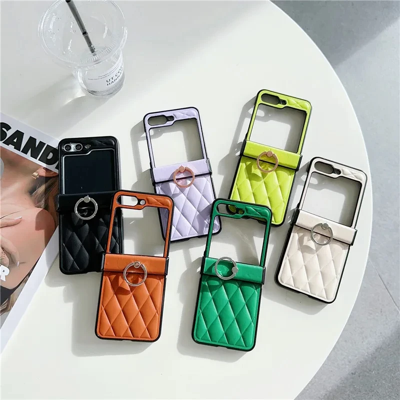 Luksusowe etui skórzane z uchwytem na telefon do Samsung Galaxy Z Flip 7 5 5G Z Flip 6 4 Z Flip 3 Coque Solid Color Phone Back PU Cover