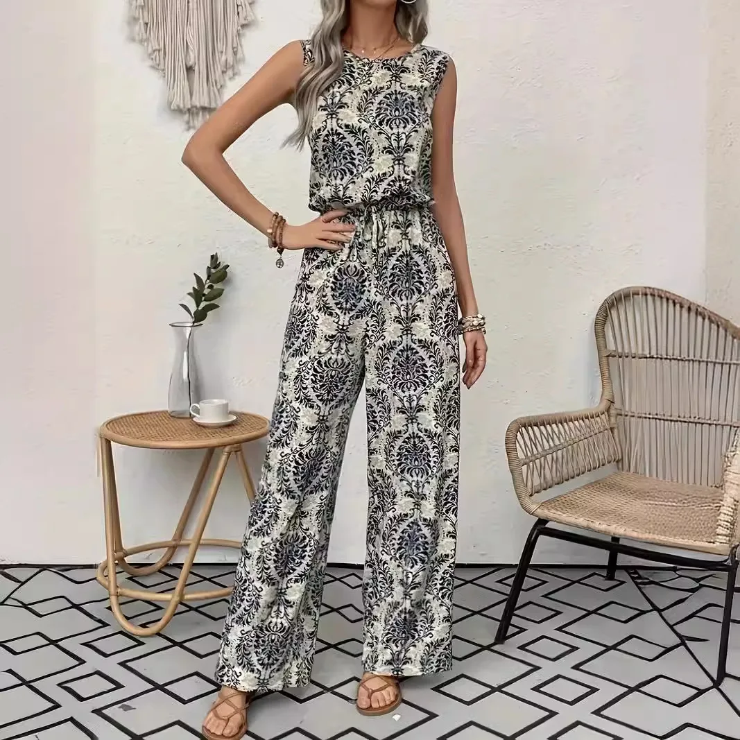 Pantalones de verano con estampado de poliéster 2025 para mujer, trajes de dos piezas de manga corta florales