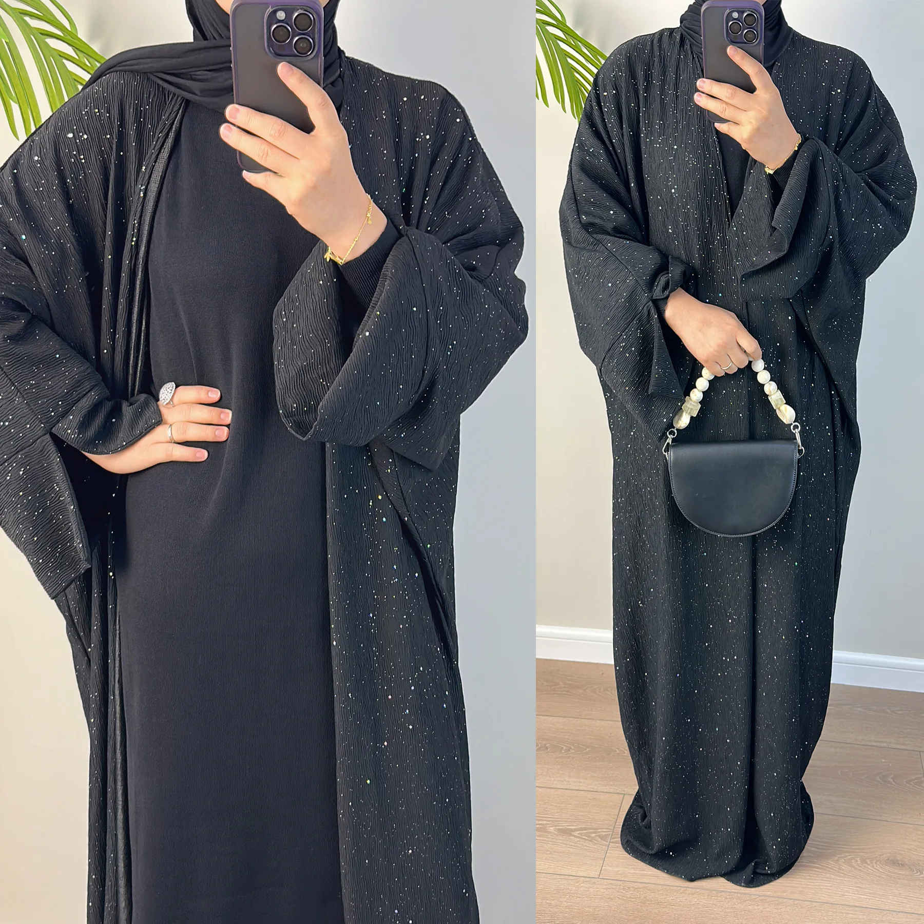 Middle East Autumn and Winter Thickened Starry Sky Bat Sleeve Floor Sweeping Robe Muslim Elegant Warm Women Abaya Cardigan