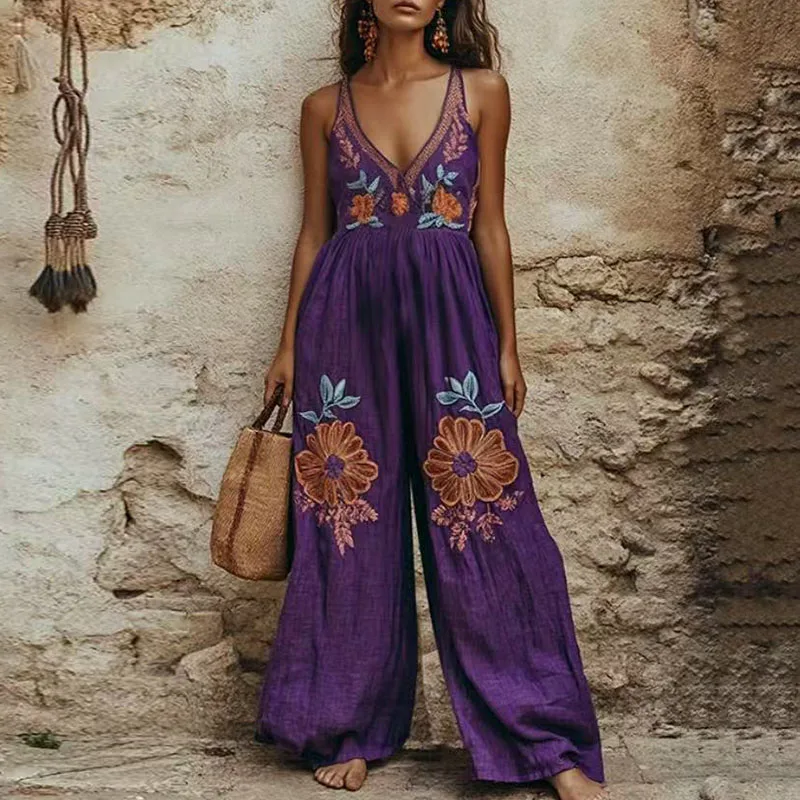 Casual V-neck Loose Wide Leg Rompers New Bohemian Style Vacation Playsuits Retros Embroidery Floral Sleeveless Halter Jumpsuits