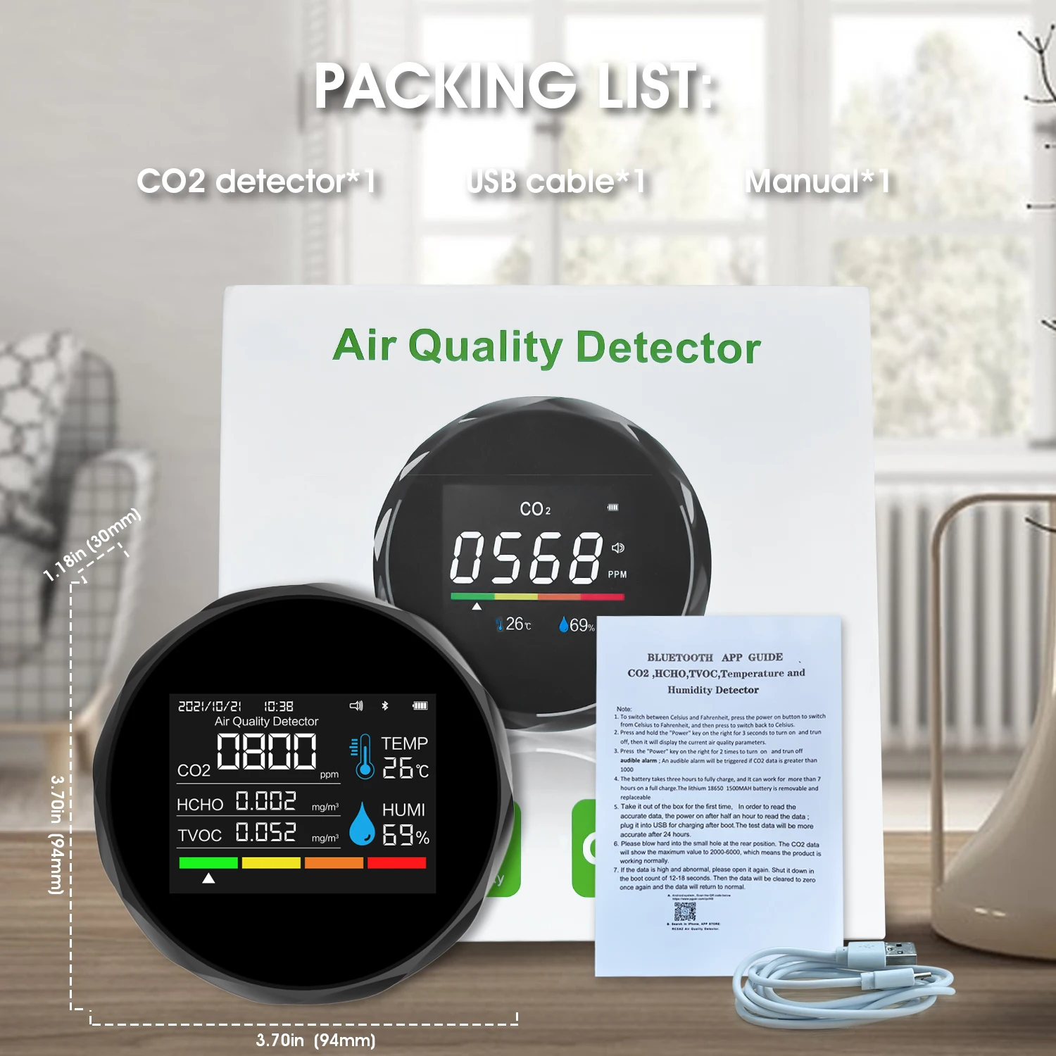 Smart Bluetooth CO2 Monitor – Rechargeable Air Quality Detector with APP, HCHO/TVOC/Temp/Humidity Sensor for Home/Office