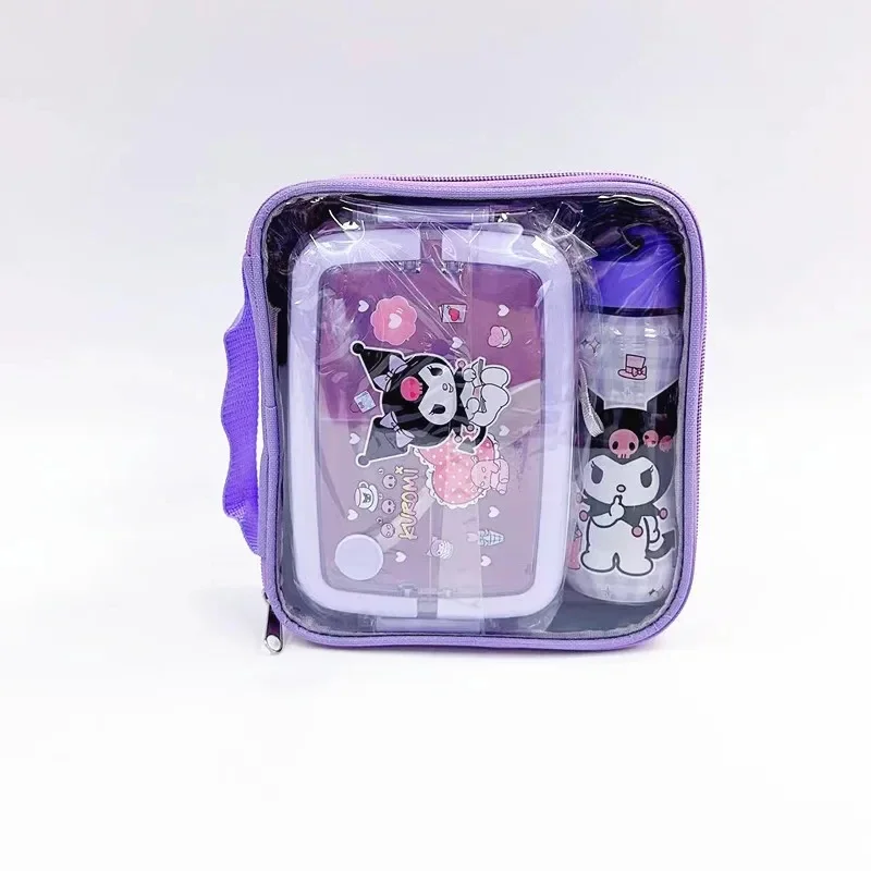 Kawaii Hello Kitty Lunch Box bollitore vestito MINISO Anime Kuromi bambini Cartoon tre griglia Lunch Box paglia tazza d'acqua nuovo